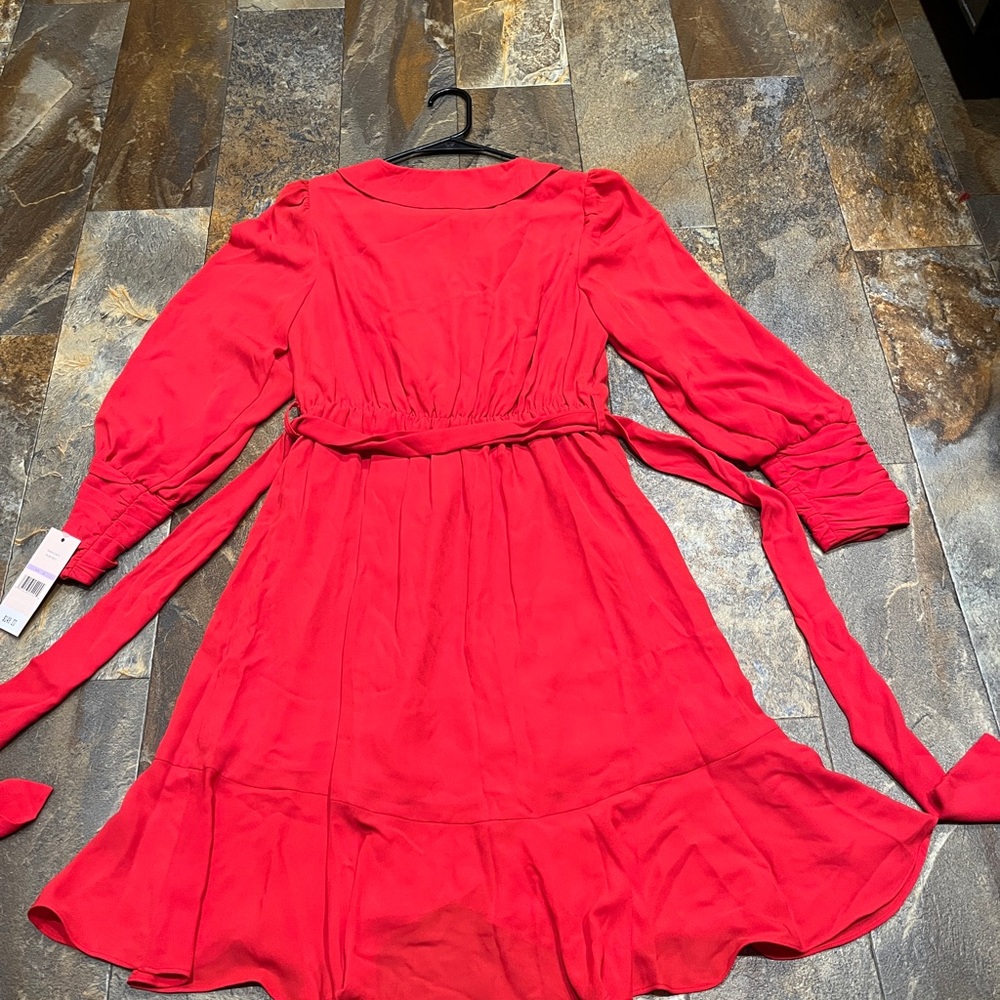 Nanette Lepore Red Wrap Midi Dress with Bishop Sleeve - Picture 9 of 10